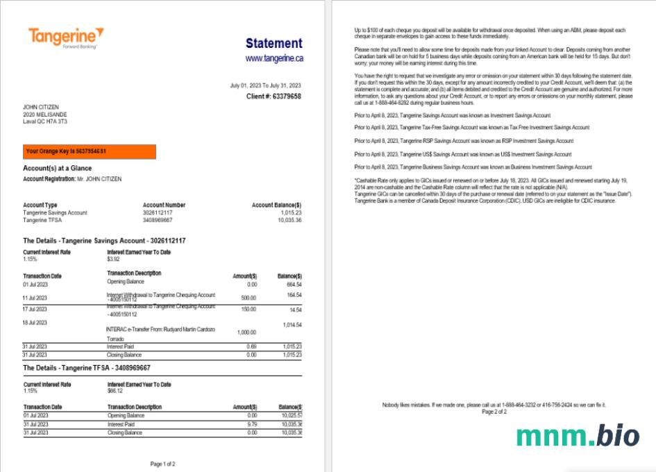 Szablon wyciągu bankowego Canada TD Canada Trust w formatach Excel i PDF